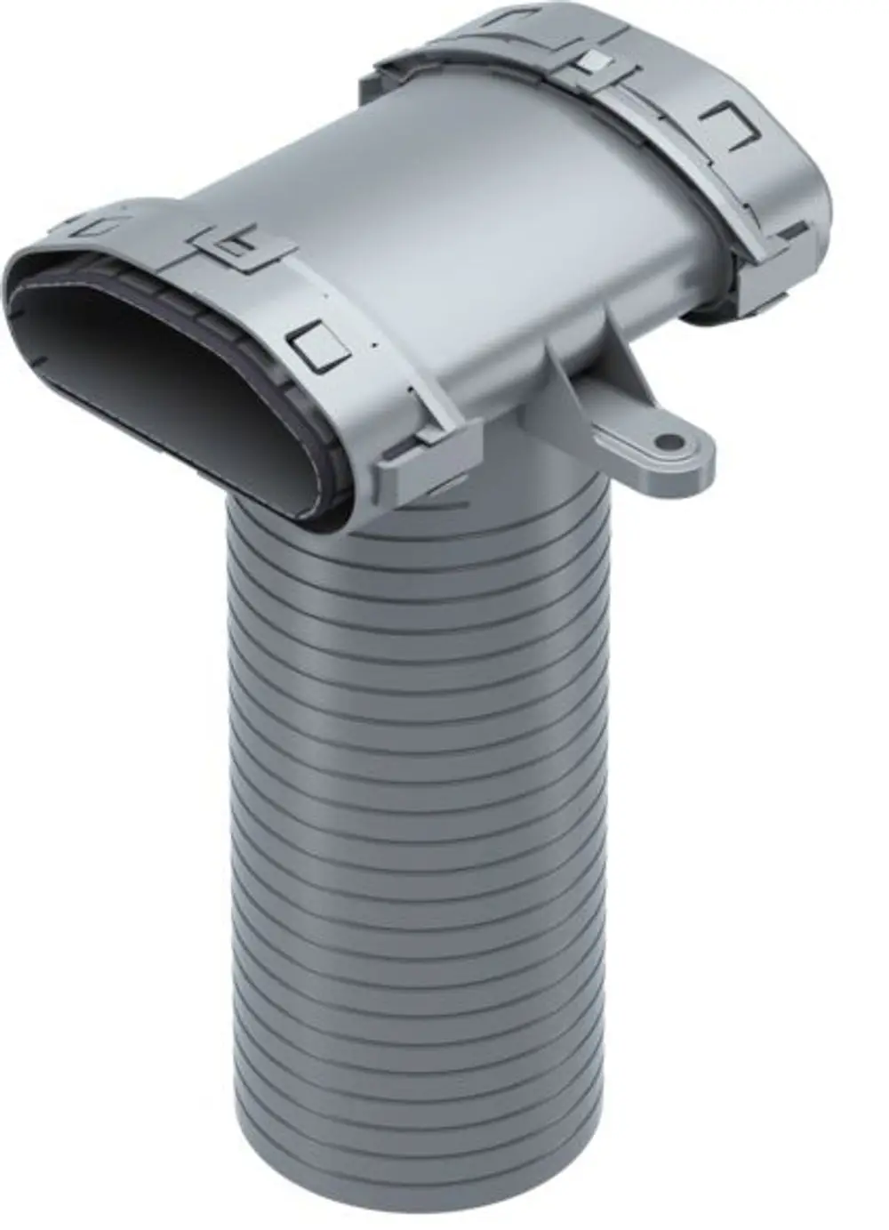 Luftverteilsystem von Stiebel Eltron mit ovaler Öffnung oben und gerippter Struktur unten. Es besitzt Befestigungselemente an der Oberseite.